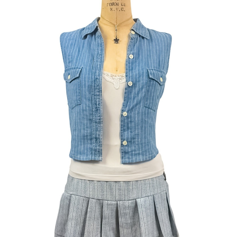 Ralph Lauren Denim Pinstripe Linen Vest Sleeveless Button Down Nautical 90s M